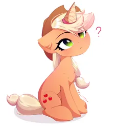 Size: 2481x2664 | Tagged: safe, artist:shavurrr, derpibooru import, applejack, earth pony, pony, applejack's hat, behaving like a cat, chest fluff, cowboy hat, cute, ear fluff, eyebrows, fake horn, female, floppy ears, food, g4, hat, high res, ice cream, ice cream cone, ice cream horn, image, jackabetes, jpeg, looking up, mare, question mark, signature, silly, silly pony, simple background, sitting, solo, white background, who's a silly pony