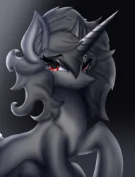 Size: 1453x1906 | Tagged: safe, artist:zadrex, derpibooru import, oc, unofficial characters only, pony, unicorn, black mane, cover, dark, eyelashes, eyeshadow, horn, image, jpeg, makeup, red eyes, simple background, sitting, solo, story included