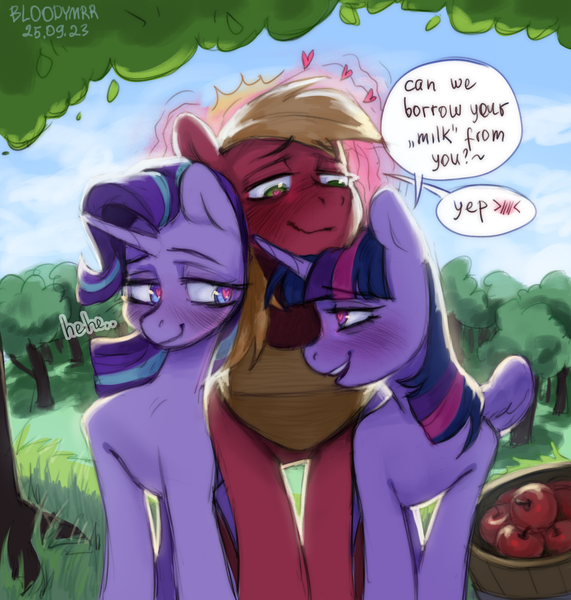 Size: 2866x3011 | Tagged: questionable, artist:bloodymrr, derpibooru import, big macintosh, starlight glimmer, twilight sparkle, twilight sparkle (alicorn), alicorn, earth pony, pony, unicorn, affection, alternate universe, apple, bisexual, blushing, dialogue, female, flirting, food, forest, heart, heart eyes, image, lesbian, love, male, png, shipping, smiling, straight, tree, twimac, twistarlight, wingding eyes