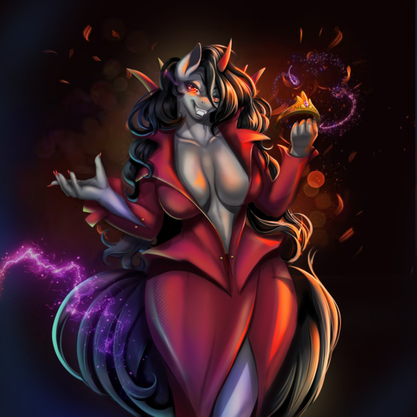 Size: 2000x2000 | Tagged: questionable, artist:mdwines, derpibooru import, king sombra, anthro, unicorn, boob window, breasts, cleavage, clothes, crown, curvy, evil, evil grin, fanart, grin, image, jewelry, outfit, png, queen umbra, regalia, rule 63, smiling, socks, solo, suit, the ass was fat, thick, thigh highs, thighs, thunder thighs, wide hips