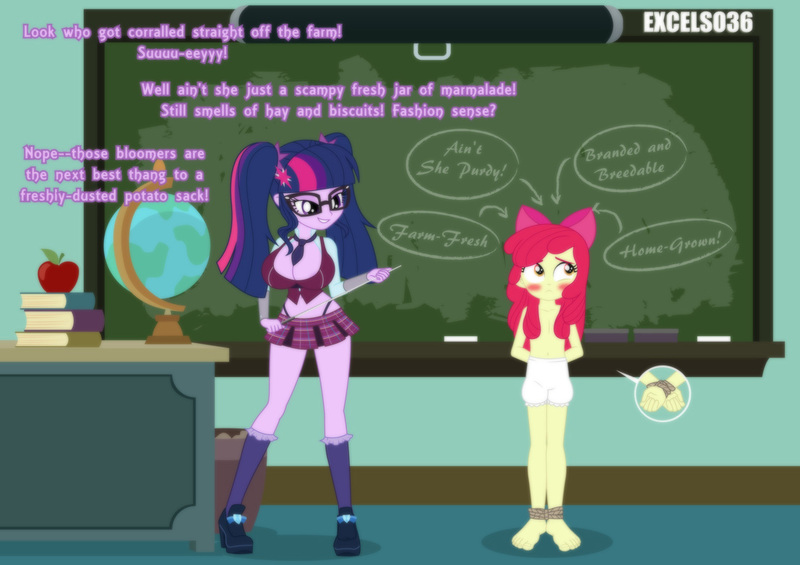 Size: 1107x782 | Tagged: suggestive, artist:excelso36, banned from derpibooru, ponerpics import, ponybooru import, apple bloom, twilight sparkle, human, equestria girls, apple, barefoot, big breasts, bloomers, bloomsub, blushing, breasts, chalkboard, classroom, clothes, dazzling, domination, embarrassed, embarrassed underwear exposure, feet, female, food, glasses, hands behind back, high heels, humanized, humiliation, image, jpeg, lidded eyes, lolicon, midriff, miniskirt, nudity, partial nudity, shoes, skirt, teacher, tied up, underage, underwear