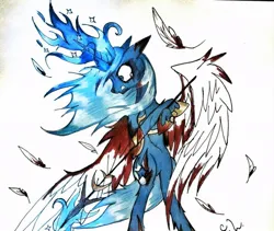 Size: 960x810 | Tagged: semi-grimdark, artist:hysteriana, derpibooru import, oc, ponified, alicorn, pony, alicorn oc, armor, bleeding, blood, blue eyes, blue mane, bluestar, crying, fantasy class, feather, feathered wings, fight, folded wings, horn, image, injured, jpeg, magic, magic aura, not luna, old art, simple background, solo, spear, spread wings, standing, traditional art, warrior, warrior cats, weapon, wind, wings, wounded warriors