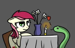 Size: 1280x836 | Tagged: safe, artist:meen-shei, artist:neuro, edit, ponerpics import, roseluck, earth pony, pony, snake, :p, candle, candlelight, candlelight dinner, danger noodle, date, dinner, female, floppy ears, flower, frown, glare, gray background, heart, image, mare, png, simple background, solo, tongue out, unamused, vase