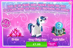 Size: 1961x1300 | Tagged: safe, derpibooru import, idw, official, shining armor, starlight glimmer, pony, unicorn, advertisement, bush, clothes, costs real money, english, gameloft, gem, horn, idw showified, image, implied princess cadance, jpeg, magic, male, messy mane, mobile game, my little pony: magic princess, necktie, numbers, sale, shirt, solo, solo focus, stallion, text