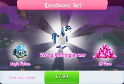 Size: 1267x857 | Tagged: safe, derpibooru import, idw, official, shining armor, starlight glimmer, pony, unicorn, bundle, bush, clothes, costs real money, english, gameloft, gem, horn, idw showified, image, implied princess cadance, jpeg, magic, male, messy mane, mobile game, my little pony: magic princess, necktie, numbers, sale, shirt, solo, solo focus, stallion, text