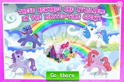 Size: 1962x1302 | Tagged: safe, derpibooru import, idw, official, blue belle, heart throb, majesty, powder, earth pony, pegasus, pony, unicorn, g1, advertisement, bow, english, female, g4, gameloft, group, horn, idw showified, image, jpeg, mare, mobile game, my little pony: magic princess, tail, tail bow, text, wings