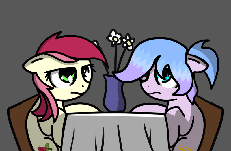 Size: 1280x836 | Tagged: safe, artist:meen-shei, artist:neuro, edit, ponerpics import, roseluck, oc, oc:meen-shei, earth pony, pony, date, duo, female, flower, frown, glare, gray background, image, mare, png, simple background, simple background (261238), unamused, vase