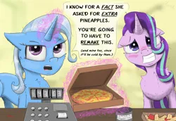 Size: 2300x1584 | Tagged: safe, artist:chopsticks, derpibooru import, starlight glimmer, trixie, pony, unicorn, blushing, cash register, cheek fluff, chest fluff, comic, dialogue, duo, duo female, female, floppy ears, food, image, karen, looking at you, magic, mare, pineapple, pineapple pizza, pizza, pizza box, png, talking to viewer, telekinesis, text, that pony sure does love pineapple pizza, tip jar, wide smile