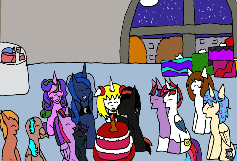 Size: 1336x907 | Tagged: safe, artist:ask-luciavampire, derpibooru import, princess luna, twilight sparkle, oc, oc:nyx, alicorn, earth pony, pegasus, pony, undead, unicorn, vampire, birthday, birthday cake, cake, food, image, png