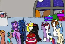 Size: 1336x907 | Tagged: safe, artist:ask-luciavampire, derpibooru import, princess luna, twilight sparkle, oc, oc:nyx, alicorn, earth pony, pegasus, pony, undead, unicorn, vampire, birthday, birthday cake, cake, food, image, png