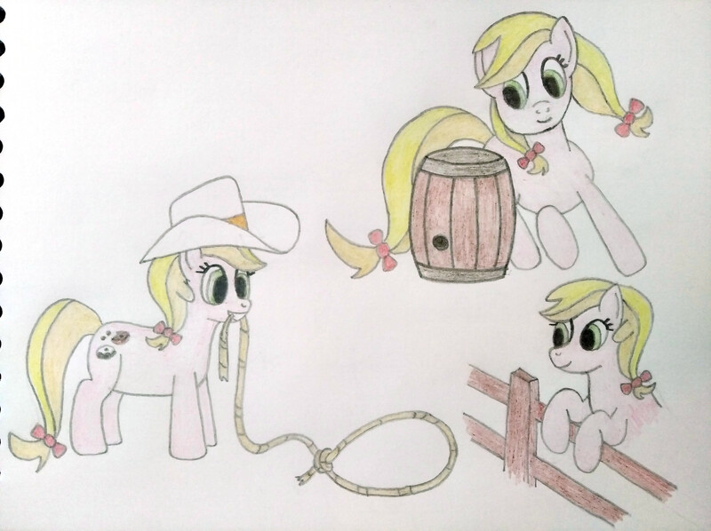 Size: 4032x3016 | Tagged: safe, artist:jakusi, ponerpics import, raspberry glaze, earth pony, pony, /bale/, appleloosa resident, background pony, barrel, bow, cowboy hat, donut, female, fence, food, hat, image, jpeg, lasso, mare, mouth hold, pigtails, rope, running, traditional art