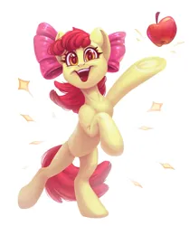 Size: 1001x1200 | Tagged: safe, artist:amishy, derpibooru import, apple bloom, earth pony, pony, apple, apple bloom's bow, bipedal, bow, female, filly, foal, food, frog (hoof), grin, hair bow, heart, heart eyes, image, jpeg, looking at you, open mouth, open smile, simple background, smiling, smiling at you, solo, sparkles, underhoof, white background, wingding eyes