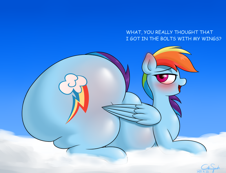 Size: 5200x4000 | Tagged: questionable, artist:cdrspark, derpibooru import, rainbow dash, pegasus, pony, blushing, blushing profusely, bottom heavy, butt, butt blush, cloud, dummy thicc, ear blush, faic, female, huge butt, hyper, hyper butt, image, impossibly large butt, large butt, on a cloud, png, rainbutt dash, smug, smugdash, solo, solo female, the ass was fat