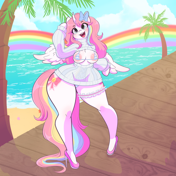 Size: 1600x1600 | Tagged: questionable, artist:valcanicwitch, derpibooru import, oc, oc:nekonin, unofficial characters only, alicorn, anthro, areola, areola slip, arm hooves, beach, bikini, bow, breasts, busty boy, butt, clothes, disproportional anatomy, erect nipples, femboy, garter, hair bow, high heels, huge butt, image, intersex, large butt, male, ocean, palm tree, pier, png, shoes, solo, sweater, swimsuit, trap, tree, water