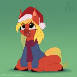Size: 1200x1200 | Tagged: safe, artist:airfly-pony, derpibooru import, oc, unofficial characters only, earth pony, 2020, christmas, clothes, ear fluff, female, gradient background, hat, holiday, image, looking up, patreon, patreon reward, png, santa hat, scarf, smiling, solo, sweater