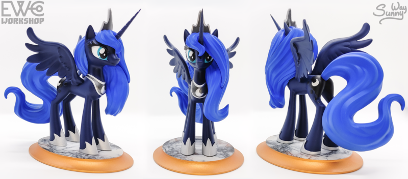 Size: 2000x880 | Tagged: safe, artist:ewc workshop, artist:sunny way, derpibooru import, princess luna, alicorn, pony, 3d print, art, artwork, craft, female, feral, figurine, happy, horn, image, irl, mare, painting, photo, png, sculpture, smiling, solo, statue, wings