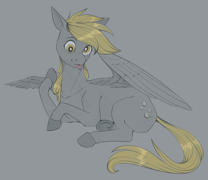 Size: 1500x1300 | Tagged: safe, artist:stray prey, derpibooru import, derpy hooves, pegasus, pony, :p, blushing, derp, frog (hoof), image, lying down, png, raspberry, smiling, solo, tongue out, underhoof