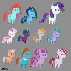 Size: 3000x3000 | Tagged: safe, artist:banquo0, derpibooru import, rarity, sugar moonlight, sweetie belle, earth pony, pegasus, pony, unicorn, g5, female, filly, filly misty brightdawn, foal, gray background, image, jazz has no ears, jazz hooves, misty brightdawn, no ears, png, pointy ponies, seashell (g5), simple background, sweets (g5), toots, younger