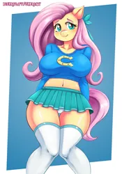 Size: 2800x4000 | Tagged: suggestive, alternate version, artist:cabrony, derpibooru import, fluttershy, anthro, pegasus, belly button, blushing, bow, breasts, busty fluttershy, cheerleader, cheerleader outfit, clothes, cute, hair bow, image, kneesocks, legs together, looking at you, panties, panty shot, passepartout, pleated skirt, png, skirt, smiling, smiling at you, socks, sweater, tail, thighs, underwear