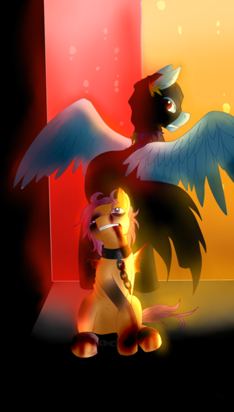 Size: 827x1454 | Tagged: semi-grimdark, artist:absolutecactus, banned from derpibooru, rainbow dash, scootaloo, fanfic:rainbow factory, absentia, abstract background, black eye, blood, bruised, chains, dyed tail, image, injured, liquid rainbow, png, spectra