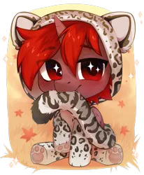 Size: 1650x2000 | Tagged: safe, artist:anku, derpibooru import, oc, oc:hardy, alicorn, big cat, leopard, pony, snow leopard, animal costume, autumn, behaving like a cat, cat costume, cat ears, cat tail, chibi, clothes, cosplay, costume, fluffy tail, foal, image, looking at you, male, paw pads, paws, pleased, png, stallion, starry eyes, suit, tail, wingding eyes