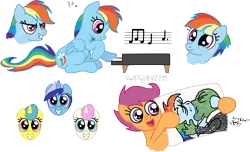 Size: 732x445 | Tagged: safe, artist:aprilfools, ponerpics import, lemon hearts, minuette, rainbow dash, scootaloo, twinkleshine, windy whistles, oc, oc:anon, pegasus, pony, unicorn, /bale/, drawing, female, image, kissing, mare, music notes, musical instrument, piano, pixel art, png, simple background, text, transparent background