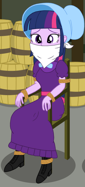 Size: 557x1223 | Tagged: safe, artist:robukun, derpibooru import, rainbow dash, twilight sparkle, twilight sparkle (alicorn), alicorn, human, equestria girls, bondage, bound and gagged, clothes, dress, gag, humanized, image, long dress, long skirt, png, skirt, solo, tied to chair, tied up, western
