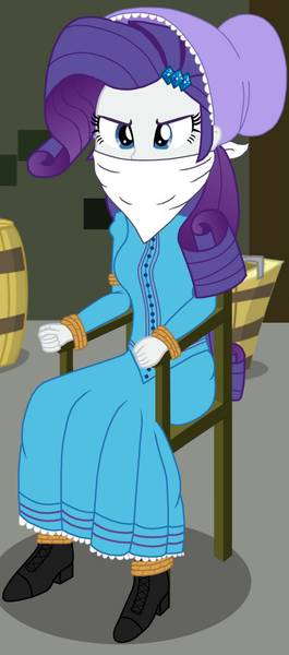 Size: 541x1223 | Tagged: safe, artist:robukun, derpibooru import, rarity, human, equestria girls, bondage, bound and gagged, clothes, dress, gag, humanized, image, long dress, long skirt, png, skirt, solo, tied to chair, tied up, western