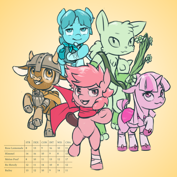 Size: 2048x2048 | Tagged: safe, artist:multiverseequine, derpibooru import, oc, oc:bailey the diamond dog, oc:bo howdy, oc:himmel, oc:melon pouf, oc:rose lemonade, unofficial characters only, bull, diamond dog, earth pony, pony, unicorn, ambiguous gender, armor, bag, bandage, bard, calf, cape, clothes, colored, colt, cow oc, derpibooru exclusive, diamond dog oc, druid, dungeons and dragons, ear piercing, earth pony oc, fantasy class, fighter, flute, foal, freckles, gloves, gradient background, group, group shot, helmet, high res, horn, image, looking at you, male, monk, monochrome, musical instrument, non-pony oc, numbers, pen and paper rpg, piercing, png, pose, quintet, rpg, saddle bag, scarf, shoes, short tail, smiling, socks, staff, stats, tail, text, two toned mane, unicorn oc, wall of tags, wizard