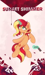 Size: 3000x5000 | Tagged: safe, artist:stravy_vox, derpibooru import, sunset shimmer, pony, unicorn, abstract background, control, crossover, female, gun, image, magic, mare, png, solo, telekinesis, weapon