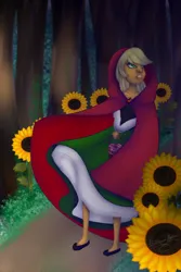 Size: 400x600 | Tagged: safe, artist:snowdeer97, derpibooru import, applejack, human, equestria girls, basket, clothes, dark, fairy tail, female, flower, forest, image, jpeg, little red riding hood, lost, path, solo, solo female, sunflower, tree