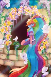 Size: 600x900 | Tagged: safe, artist:snowdeer97, derpibooru import, rainbow dash, tank, bird, dove, human, equestria girls, clothes, dress, female, flower, image, long hair, png, rainbow dash always dresses in style, rapunzel, sitting, sitting on windowsill, solo, solo female, tower