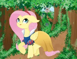 Size: 1024x791 | Tagged: safe, artist:snowdeer97, derpibooru import, fluttershy, pegasus, pony, castle, clothes, dress, female, forest, image, jpeg, mare, path, snow white, solo, solo female, tree, walking