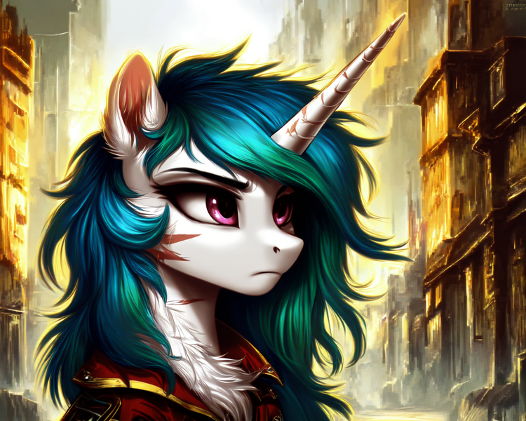 Size: 1920x1536 | Tagged: safe, derpibooru import, machine learning generated, stable diffusion, princess celestia, alicorn, ai content, chest fluff, city, clothes, generator:purplesmart.ai, image, jacket, png, prompter:mr-bat, ruins, serious, serious face