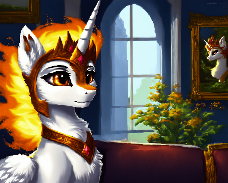 Size: 1920x1536 | Tagged: safe, derpibooru import, machine learning generated, stable diffusion, daybreaker, alicorn, pony, ai content, castle, couch, folded wings, generator:purplesmart.ai, image, interior, mane of fire, painting, pixel art, png, prompter:mr-bat, window, wings