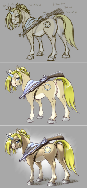 Size: 1058x2270 | Tagged: suggestive, artist:noupie, derpibooru import, pony, unicorn, butt, featureless crotch, female, gun, image, implied anus, plot, png, rifle, solo, solo female, weapon