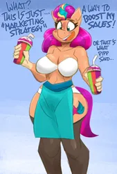 Size: 2500x3705 | Tagged: suggestive, artist:flutterthrash, derpibooru import, sunny starscout, anthro, earth pony, pony, g5, apron, big breasts, blushing, bra, breasts, busty sunny starscout, cleavage, clothes, dialogue, drink, embarrassed, embarrassed underwear exposure, female, gradient background, image, implied pipp petals, mane stripe sunny, mare, panties, png, smoothie, socks, solo, solo female, stockings, thigh highs, underwear, wide hips