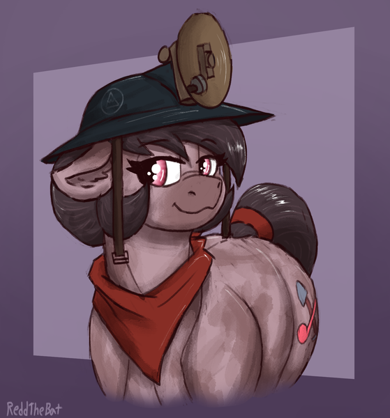 Size: 1799x1932 | Tagged: safe, artist:reddthebat, derpibooru import, oc, oc:number nine, earth pony, pony, bandana, female, floppy ears, helmet, image, lidded eyes, mare, mining helmet, png, smiling, solo