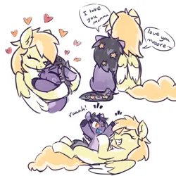 Size: 2200x2200 | Tagged: safe, artist:rivibaes, derpibooru import, oc, oc:orange cream, oc:rivibaes, pegasus, pony, unicorn, dialogue, female, filly, foal, heart, image, mare, mother and child, mother and daughter, playing, png, snuggling