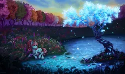 Size: 2697x1600 | Tagged: safe, artist:ponylove, artist:rozmed, derpibooru import, oc, unofficial characters only, pony, unicorn, chest fluff, female, flower, forest, grass, horn, image, lake, lily (flower), lying down, mare, meadow, nature, oc：p.p.a, png, ponytail, simple background, solo, transparent background, tree, unshorn fetlocks, water