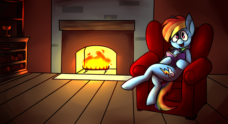 Size: 2574x1404 | Tagged: safe, artist:icedtoast, artist:vennever, derpibooru import, rainbow dash, pegasus, semi-anthro, rainbow dash presents, book, chair, fire, fireplace, image, png, solo
