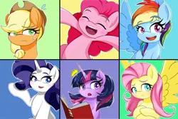 Size: 2048x1365 | Tagged: safe, artist:zeon_starlight, derpibooru import, applejack, fluttershy, pinkie pie, rainbow dash, rarity, twilight sparkle, earth pony, pegasus, pony, unicorn, applejack's hat, blushing, book, bust, colored eyebrows, cowboy hat, emanata, eye clipping through hair, eyebrows, eyebrows visible through hair, eyes closed, female, freckles, group, hat, horn, image, jpeg, looking at you, mane six, mare, open mouth, open smile, portrait, reading, sextet, smiling, smiling at you, spread wings, sweat, wings