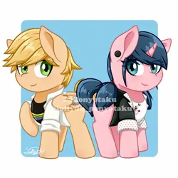 Size: 1440x1440 | Tagged: safe, artist:jponyotaku, derpibooru import, ponified, pegasus, pony, unicorn, adrien agreste, crossover, duo, duo male and female, ear piercing, earring, female, image, jewelry, jpeg, looking at you, male, mare, marinette dupain-cheng, miraculous ladybug, piercing, smiling, smiling at you, stallion, watermark
