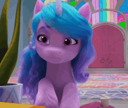 Size: 1268x1070 | Tagged: safe, derpibooru import, edit, edited screencap, screencap, izzy moonbow, g5, my little pony: make your mark, spoiler:g5, spoiler:my little pony: make your mark, spoiler:my little pony: make your mark chapter 5, spoiler:mymc05e02, animated, cropped, door, family trees, gasp, gif, house plant, image, my little pony: make your mark chapter 5, shocked, shocked expression, solo, stained glass, surprised
