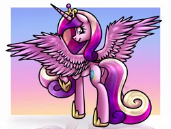 Size: 3975x3000 | Tagged: safe, artist:sadfloorlamp, derpibooru import, princess cadance, alicorn, pony, abstract background, beautiful, butt, colored, concave belly, crown, curly mane, curly tail, cute, cutedance, featureless crotch, female, frame, gradient background, heart, heart eyes, high res, hoof shoes, horn, image, jewelry, large wings, lightly watermarked, long horn, long mane, long tail, looking at you, looking back, looking back at you, lovebutt, mare, no source available, passepartout, plot, png, princess shoes, quadrupedal, raised hoof, reflection, regalia, shading, showing off, slim, smiling, smiling at you, solo, spread wings, tail, thin, watermark, wingding eyes, wings