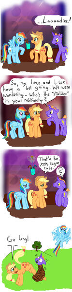 Size: 400x1615 | Tagged: safe, artist:neustrasbourg, derpibooru import, applejack, rainbow dash, oc, earth pony, pegasus, pony, appledash, comic, female, flying, image, imminent pain, jpeg, lesbian, mare, shipping, tied up, tree