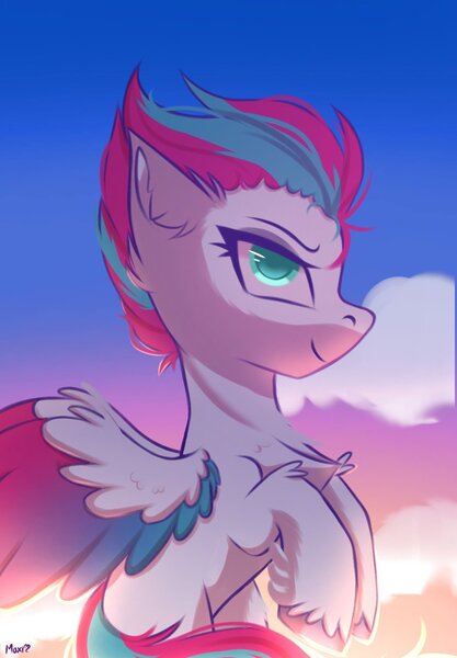 Size: 1038x1493 | Tagged: safe, artist:maxi_ponie, derpibooru import, zipp storm, pegasus, pony, g5, chest fluff, cloud, colored wings, eyebrows, female, flying, hoof fluff, image, jpeg, mare, multicolored wings, profile, signature, sky, solo, spread wings, unshorn fetlocks, wings