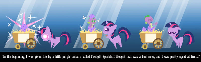 Size: 800x247 | Tagged: safe, artist:neustrasbourg, derpibooru import, spike, twilight sparkle, dragon, pony, unicorn, annoyed, baby, comic, egg, female, filly, filly twilight sparkle, floppy ears, foal, hatching, image, jpeg, magic, pointy ponies, spike's egg, unamused, unicorn twilight, younger