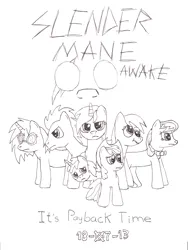 Size: 1700x2262 | Tagged: safe, artist:rakesuk, derpibooru import, apple bloom, derpy hooves, dinky hooves, doctor whooves, lyra heartstrings, octavia melody, time turner, vinyl scratch, earth pony, pony, unicorn, comic:slendermane awake, female, filly, foal, image, male, mare, png, stallion