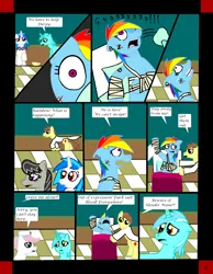 Size: 1700x2187 | Tagged: safe, artist:rakesuk, derpibooru import, derpy hooves, lyra heartstrings, rainbow dash, pegasus, pony, unicorn, comic:slendermane awake, bed, comic, female, hospital bed, image, injured, male, mare, png, stallion